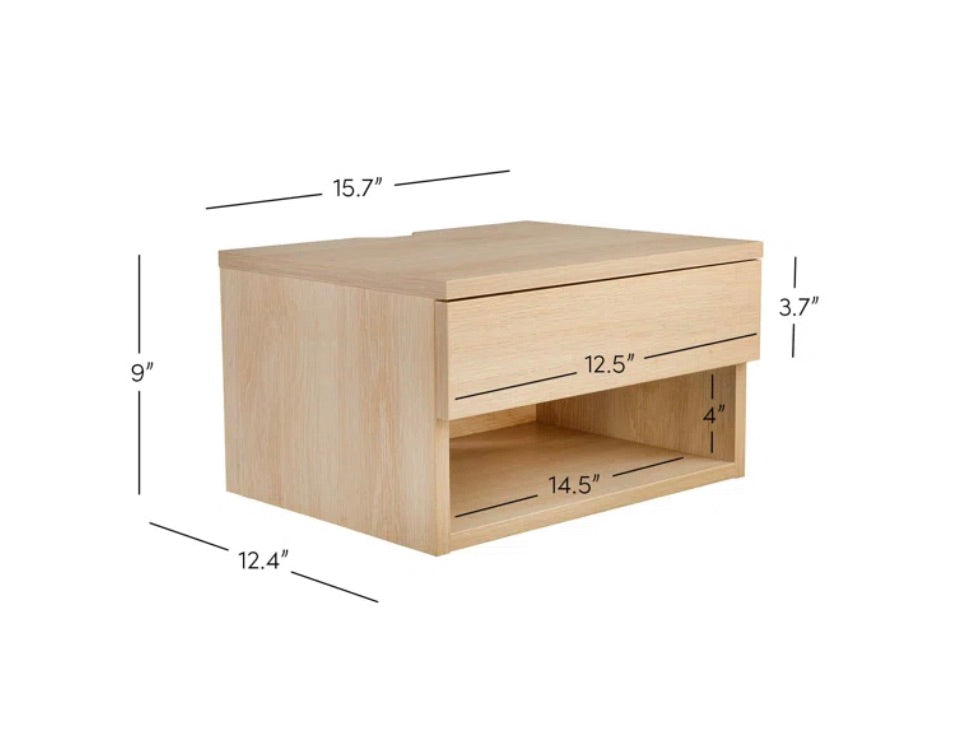 Two-Pack Wayfair Wade Logan Arvester Modern Floating Bedroom Light Oak Nightstands with Storage Drawer and Open Shelf Cubby