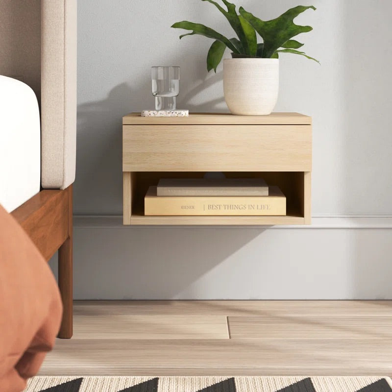 Two-Pack Wayfair Wade Logan Arvester Modern Floating Bedroom Light Oak Nightstands with Storage Drawer and Open Shelf Cubby
